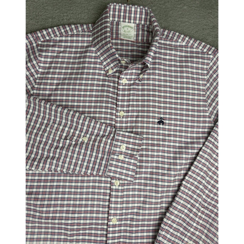 Brooks Brothers Milano Fit Shirt Mens M Plaid Stretch Cotton Button Down Logo